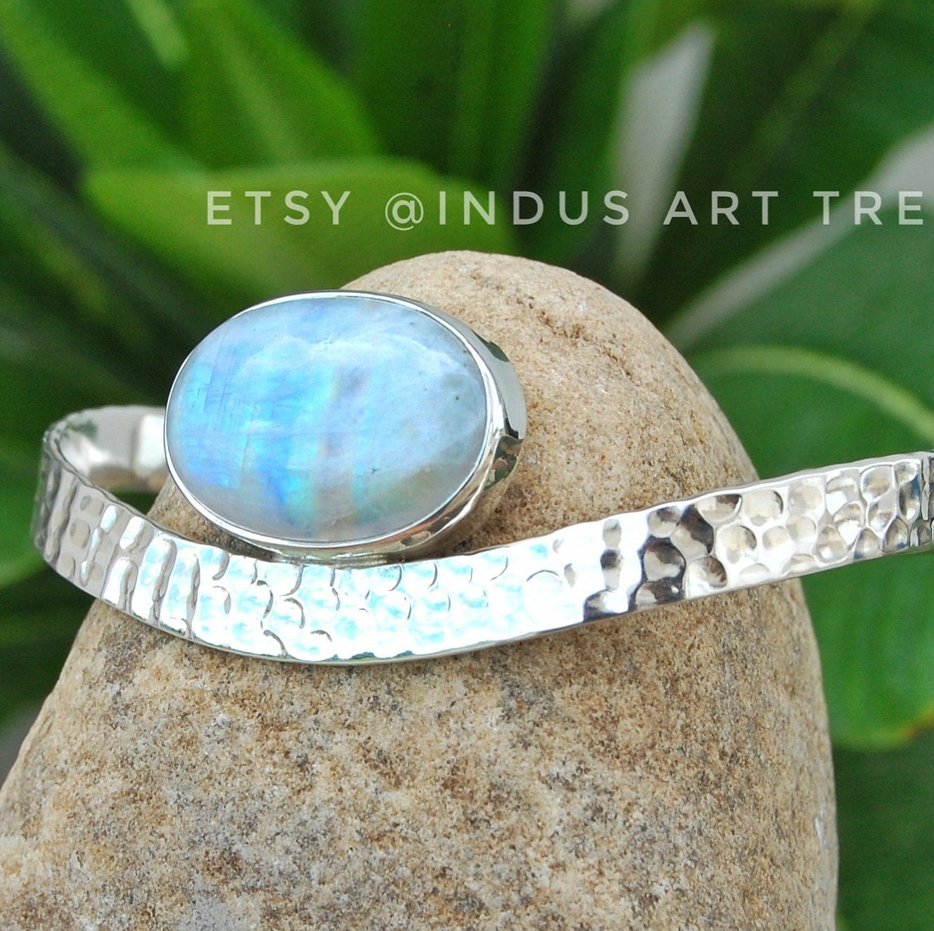 Rainbow Moonstone Hammered Bangle Bracelet