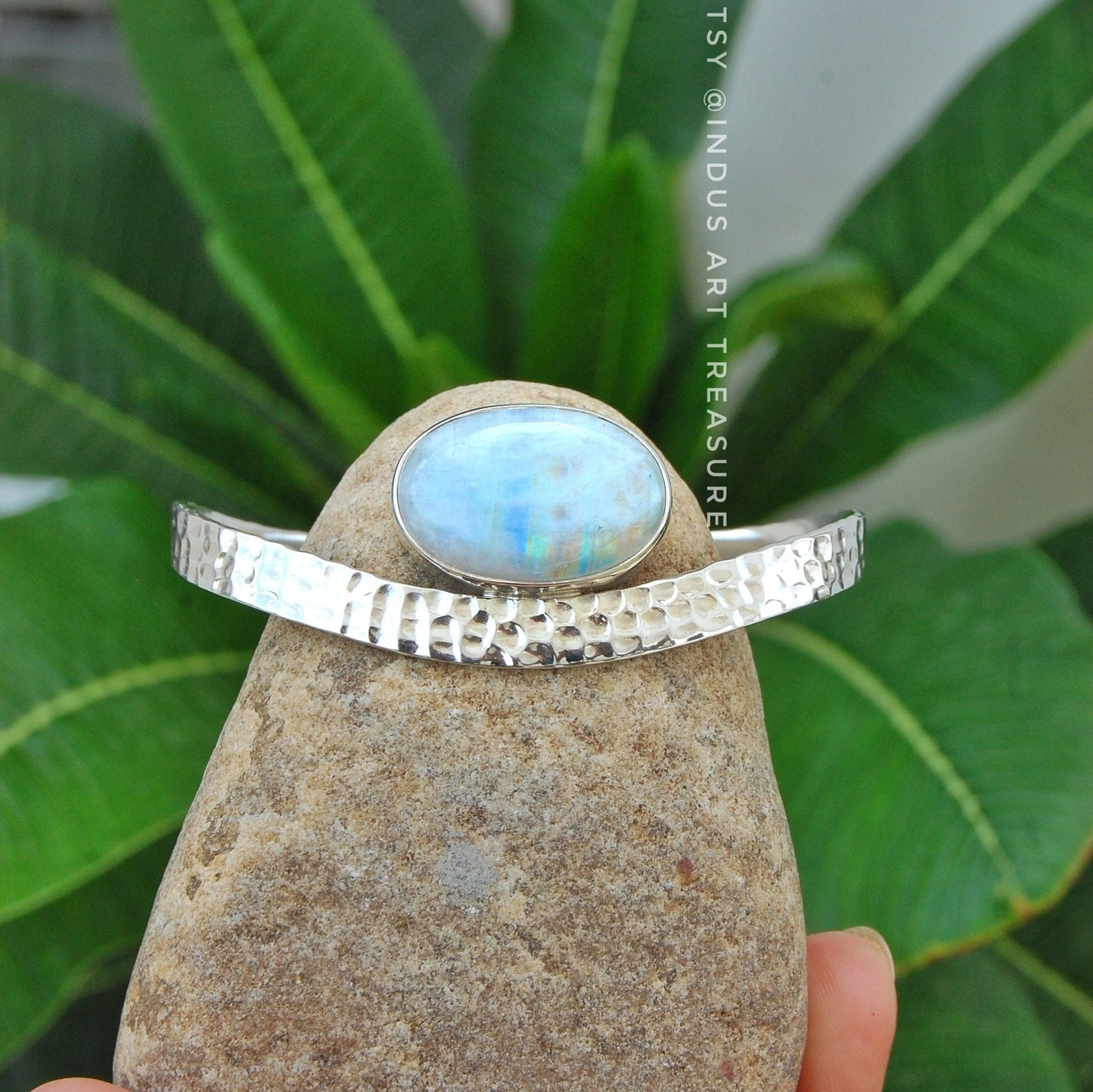 Rainbow Moonstone Hammered Bangle Bracelet