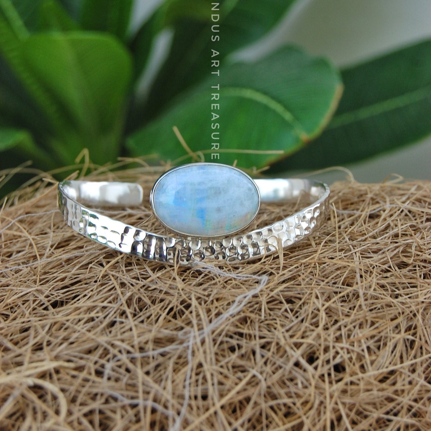 Rainbow Moonstone Hammered Bangle Bracelet