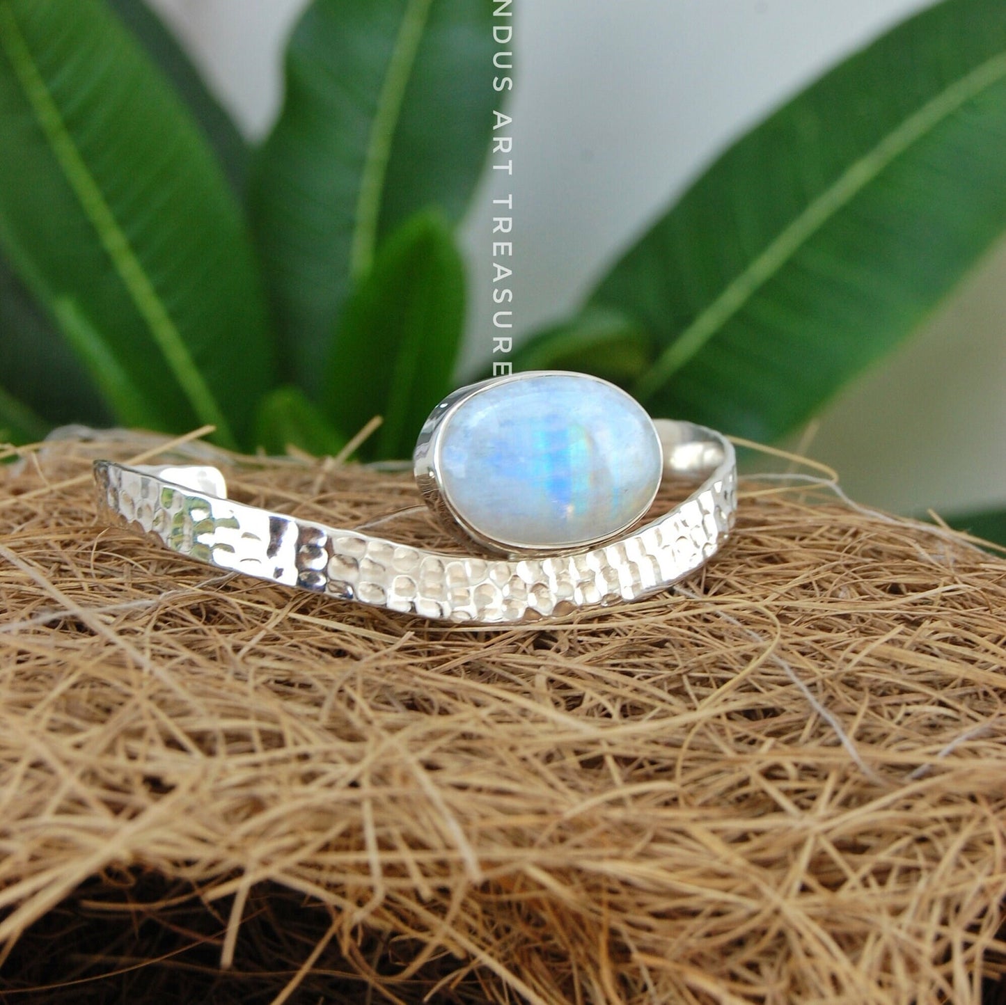 Rainbow Moonstone Hammered Bangle Bracelet