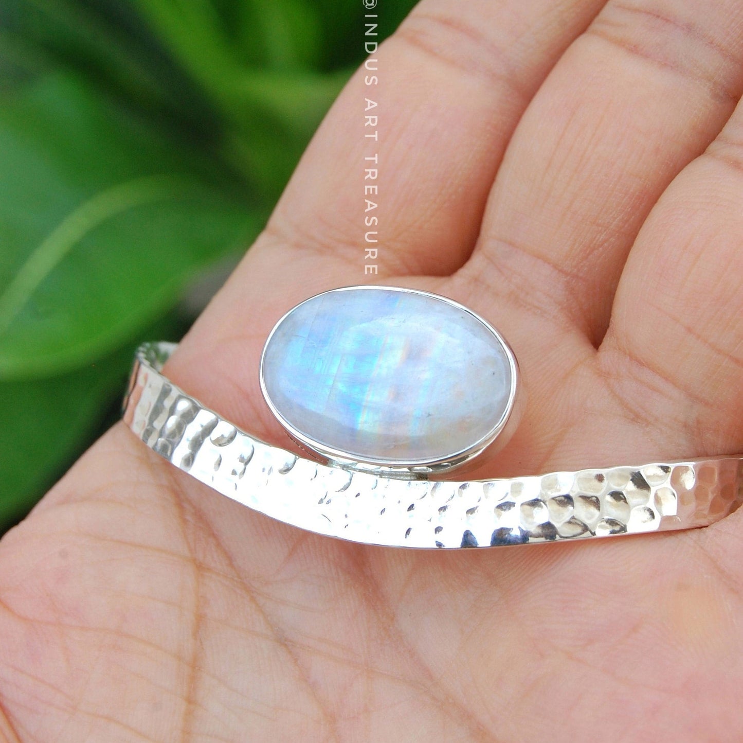 Rainbow Moonstone Hammered Bangle Bracelet