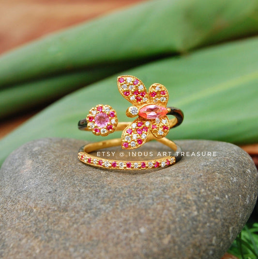 Pink Tourmaline and White Topaz Butterfly Gold Plated Ring