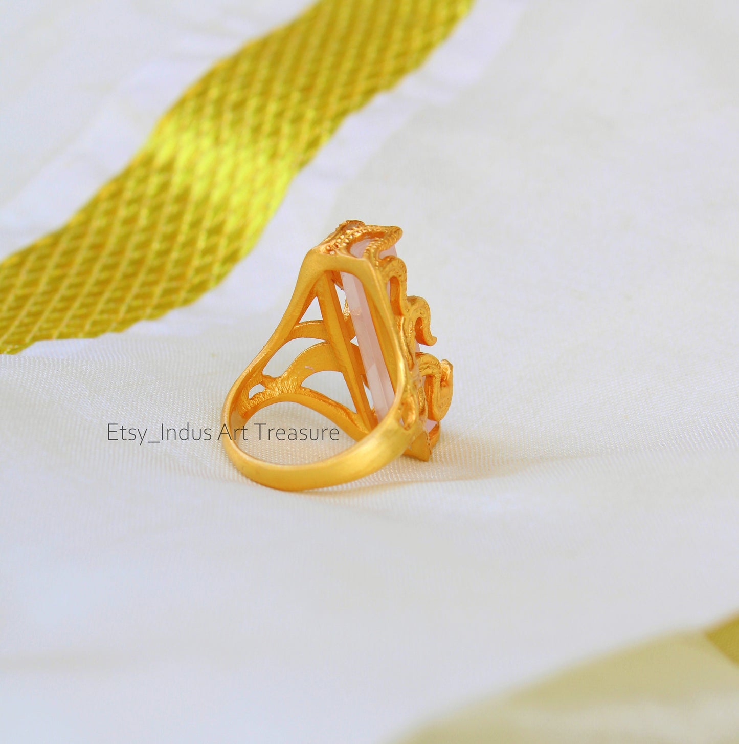 Rose Quartz Floral Embossed 18k Gold Plated Ring
