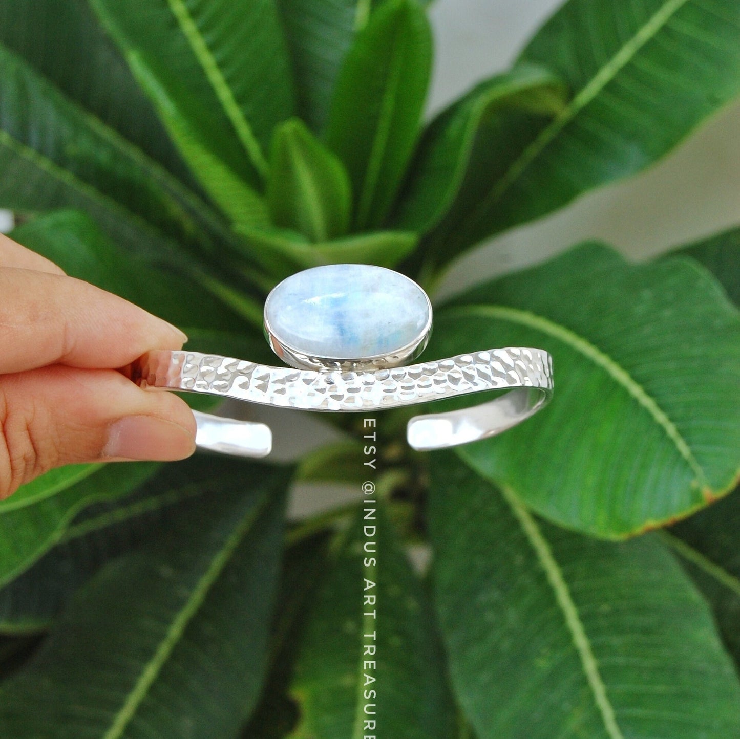 Rainbow Moonstone Hammered Bangle Bracelet