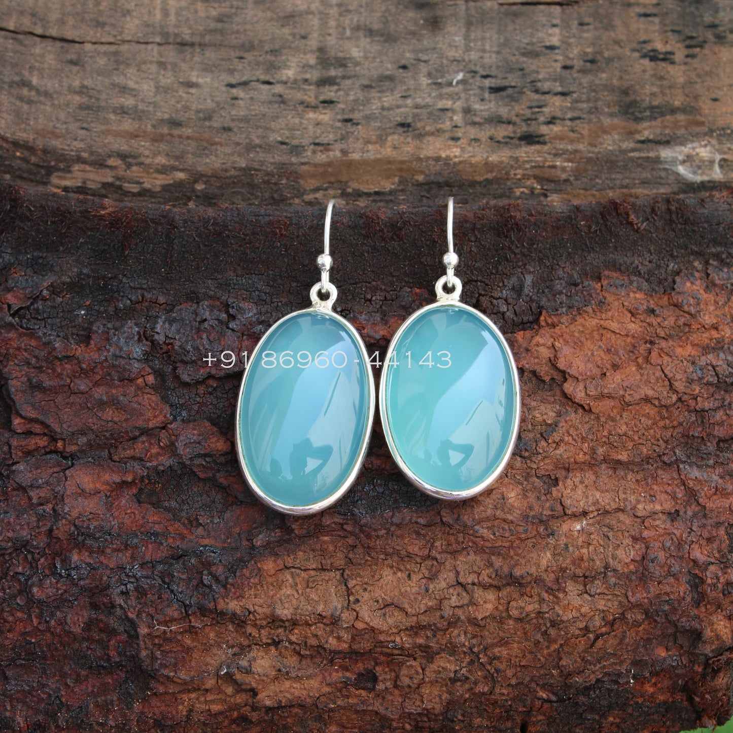 Aqua Chalcedony Oval Bezel Earrings