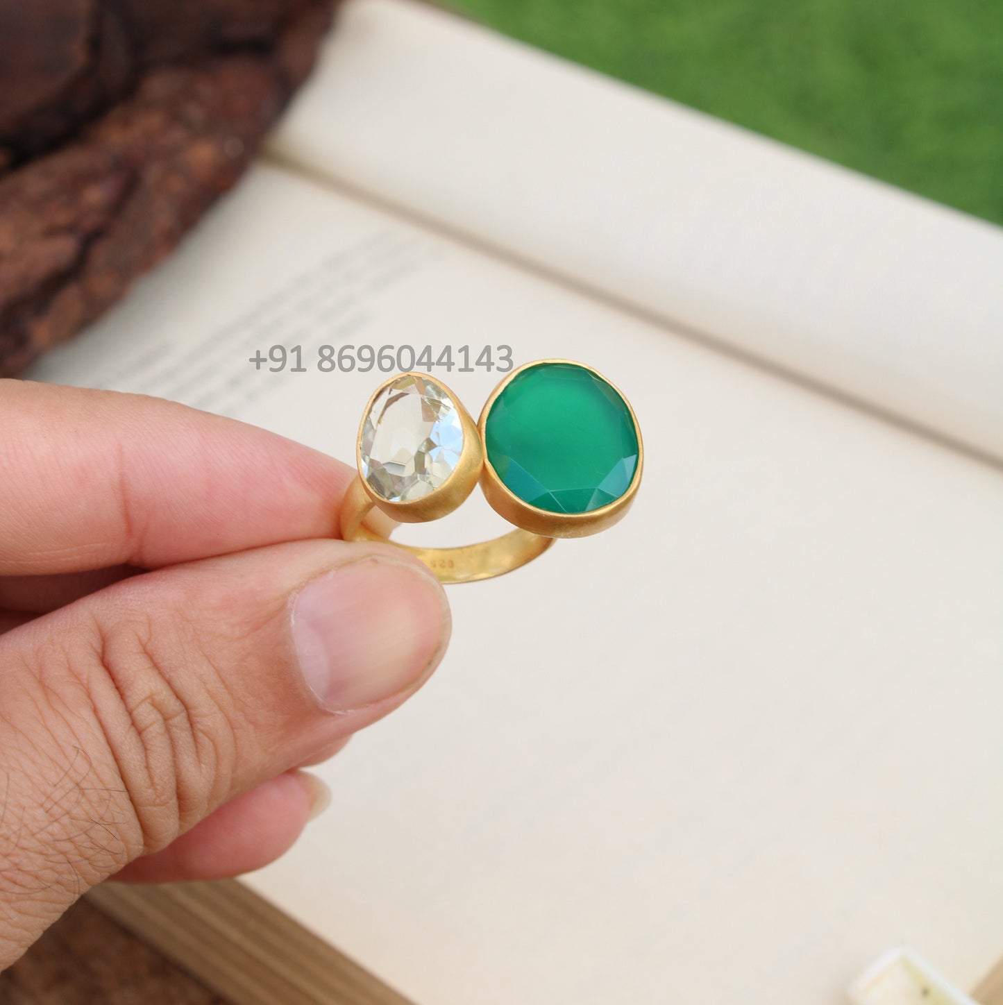 Green Onyx , White Topaz Ring