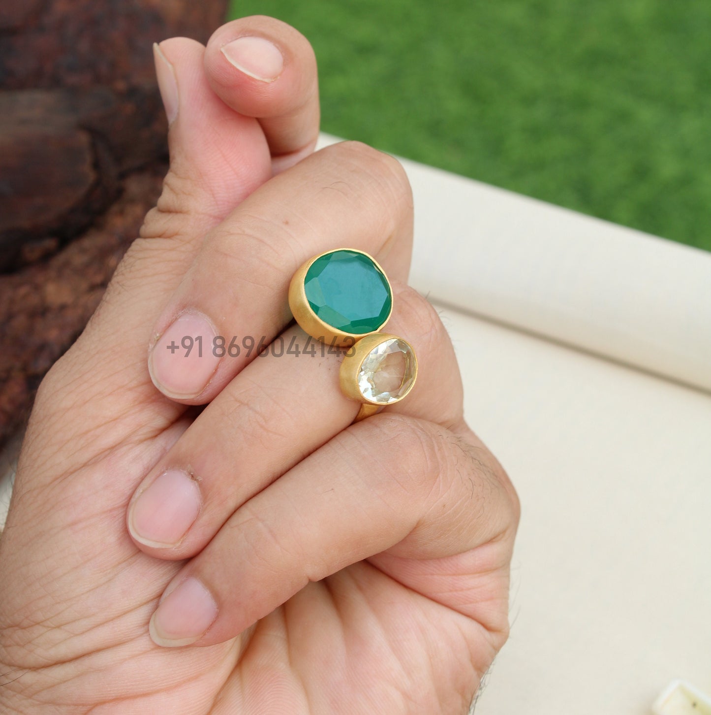 Green Onyx , White Topaz Ring
