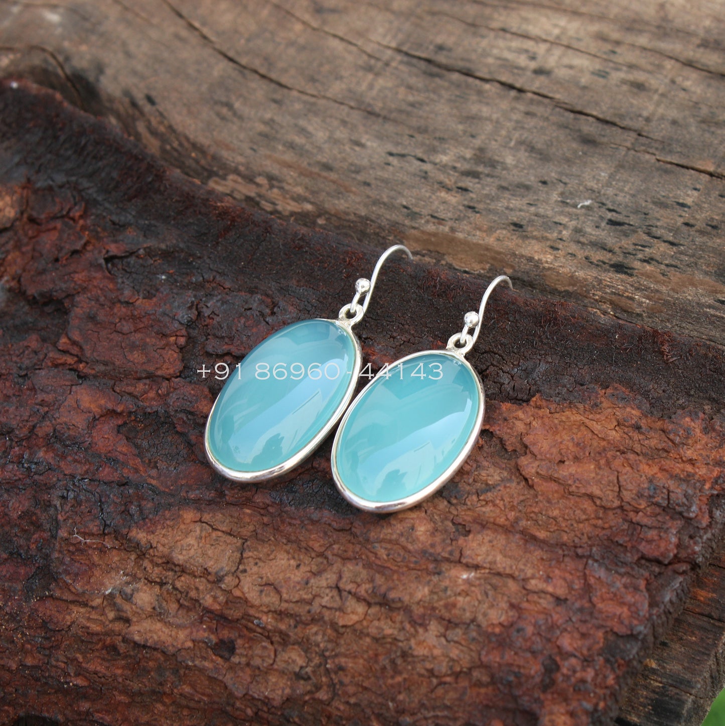 Aqua Chalcedony Oval Bezel Earrings