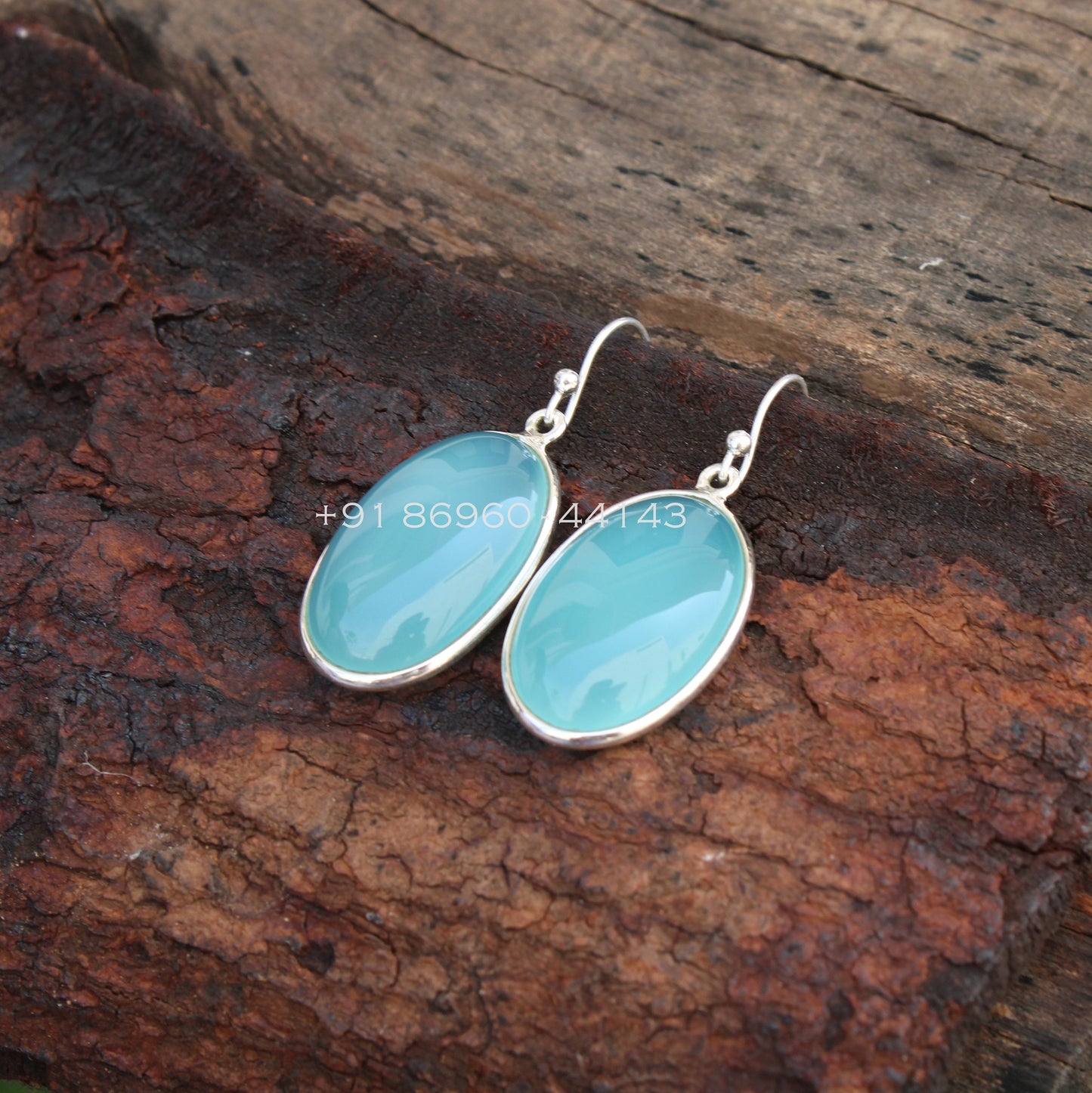 Aqua Chalcedony Oval Bezel Earrings