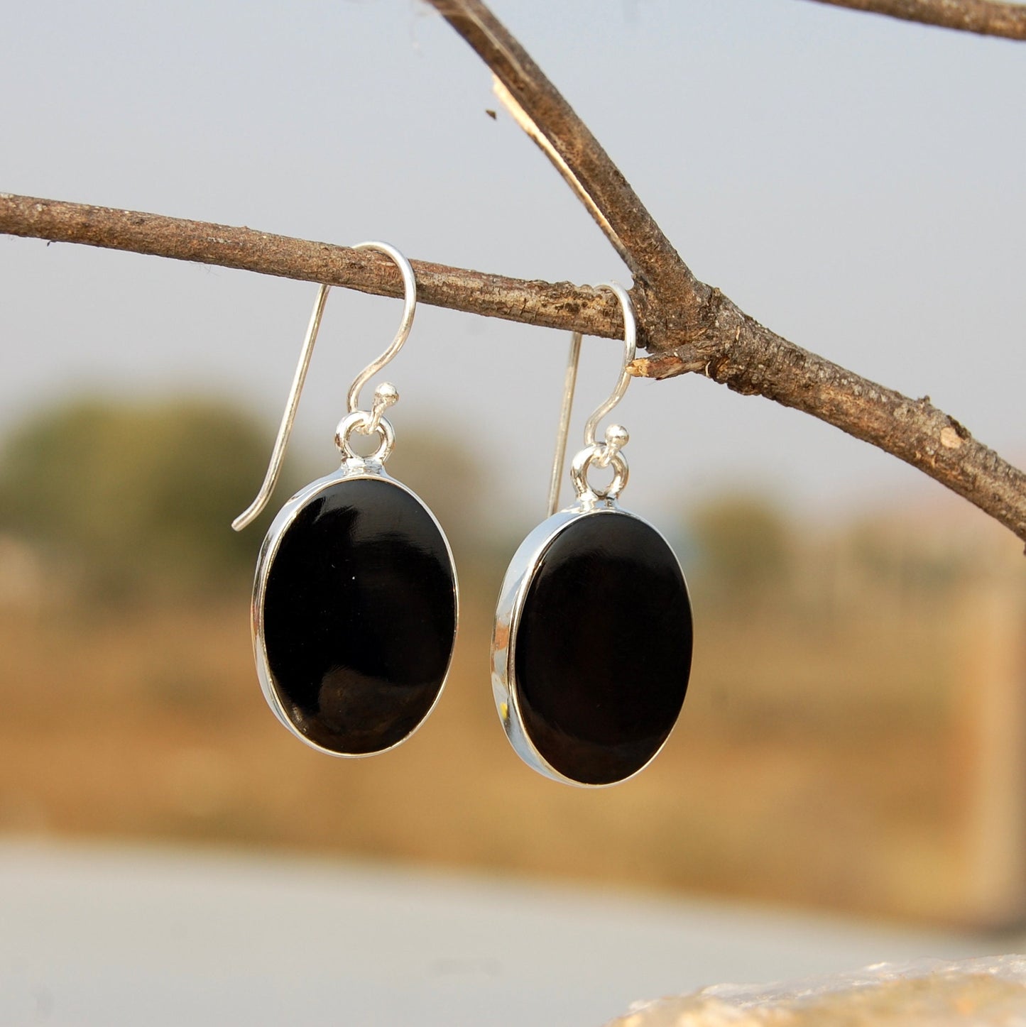 Black Onyx Oval Flat Earrings