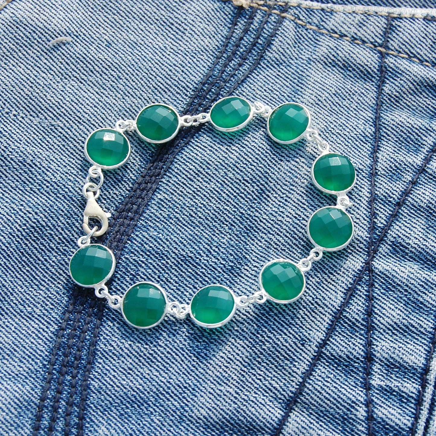 Green Onyx Round Checker Cut Bracelet