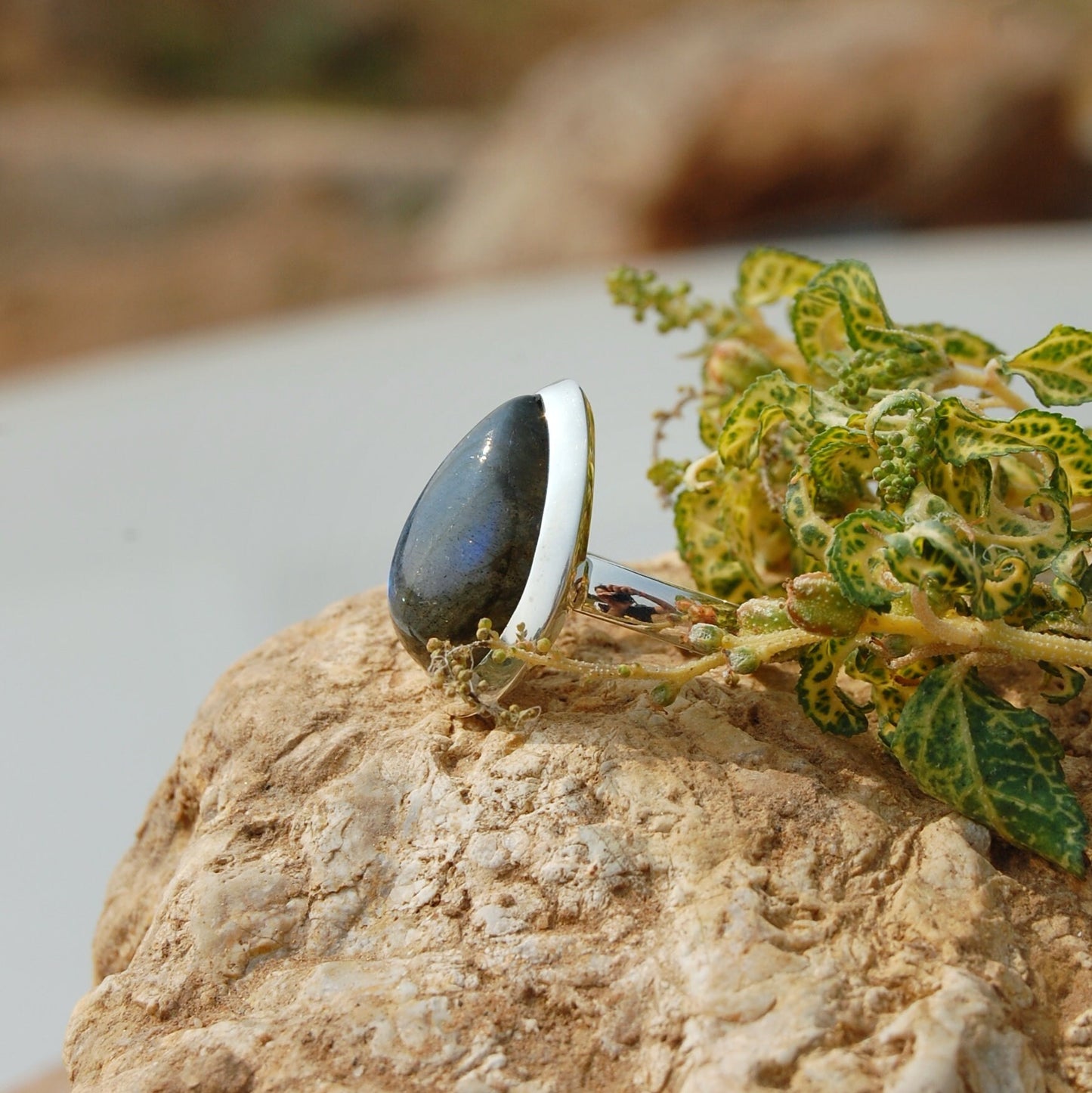 Blue Labradorite Pear Ring