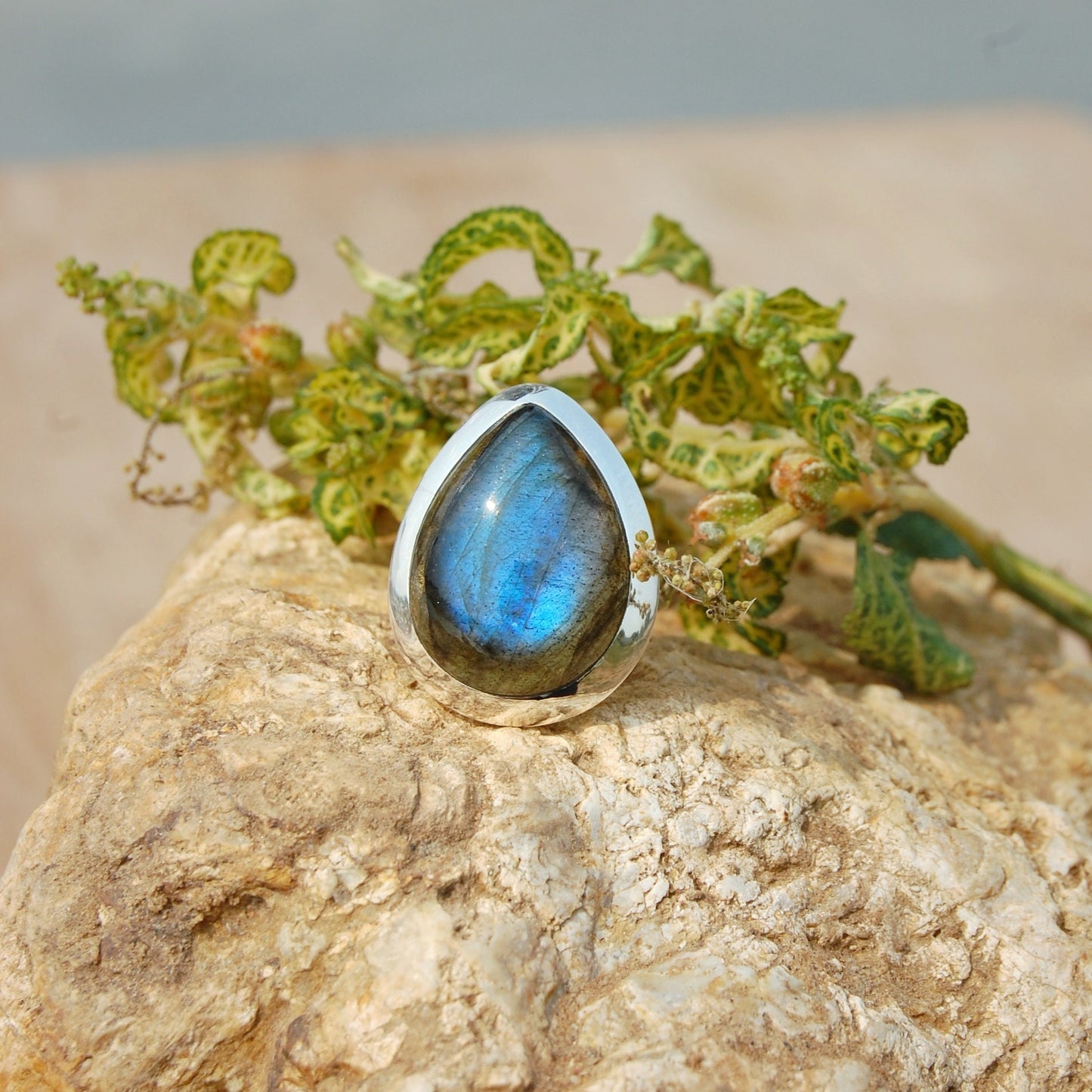 Blue Labradorite Pear Ring