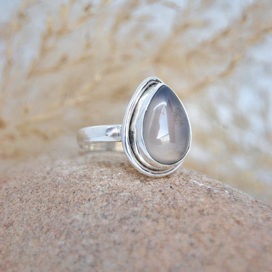 Grey Chalcedony Pear Ring