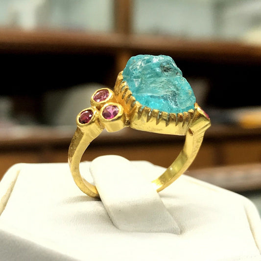 Blue Apatite- Tourmaline Gold Plated Ring