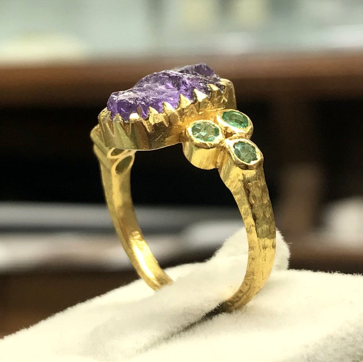 Raw Amethyst- Emerald Gold Plated Ring