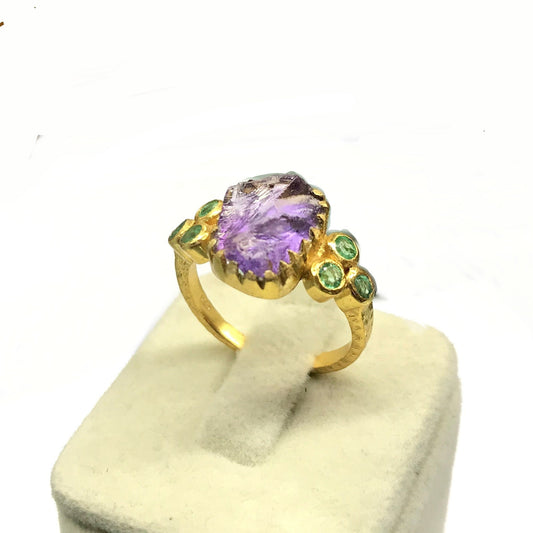 Raw Amethyst- Emerald Gold Plated Ring