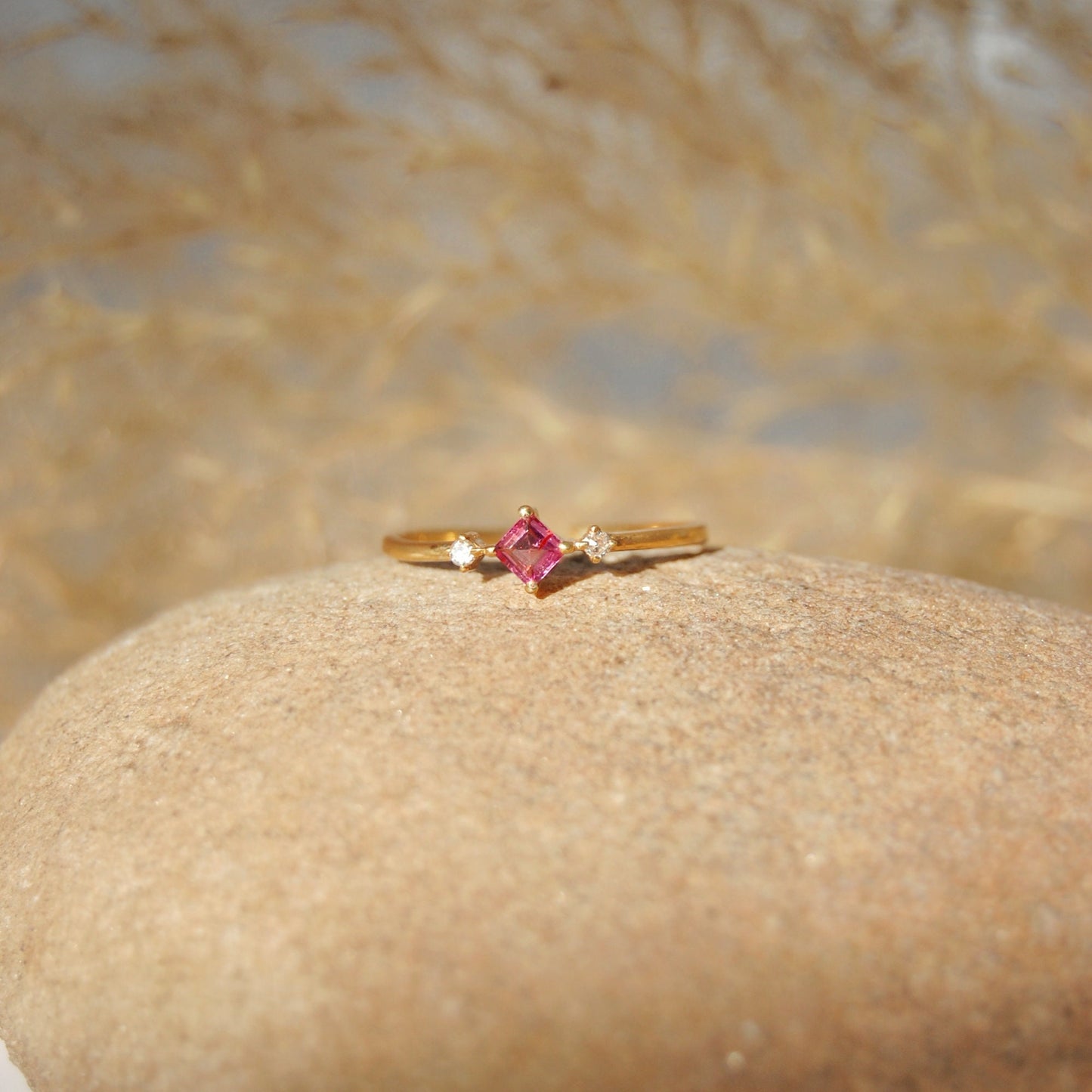 Diamond- Pink Tourmaline Gold Plated Ring