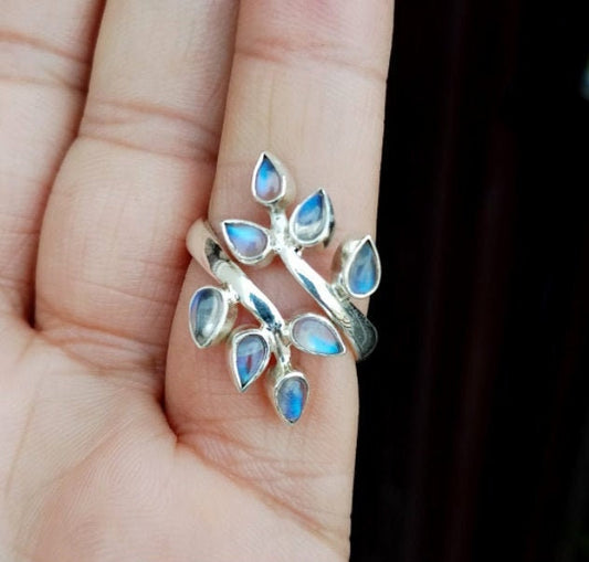 Rainbow Moonstone Leaf Branch Ring