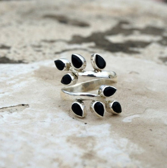 Black Onyx Leaf Branch Ring