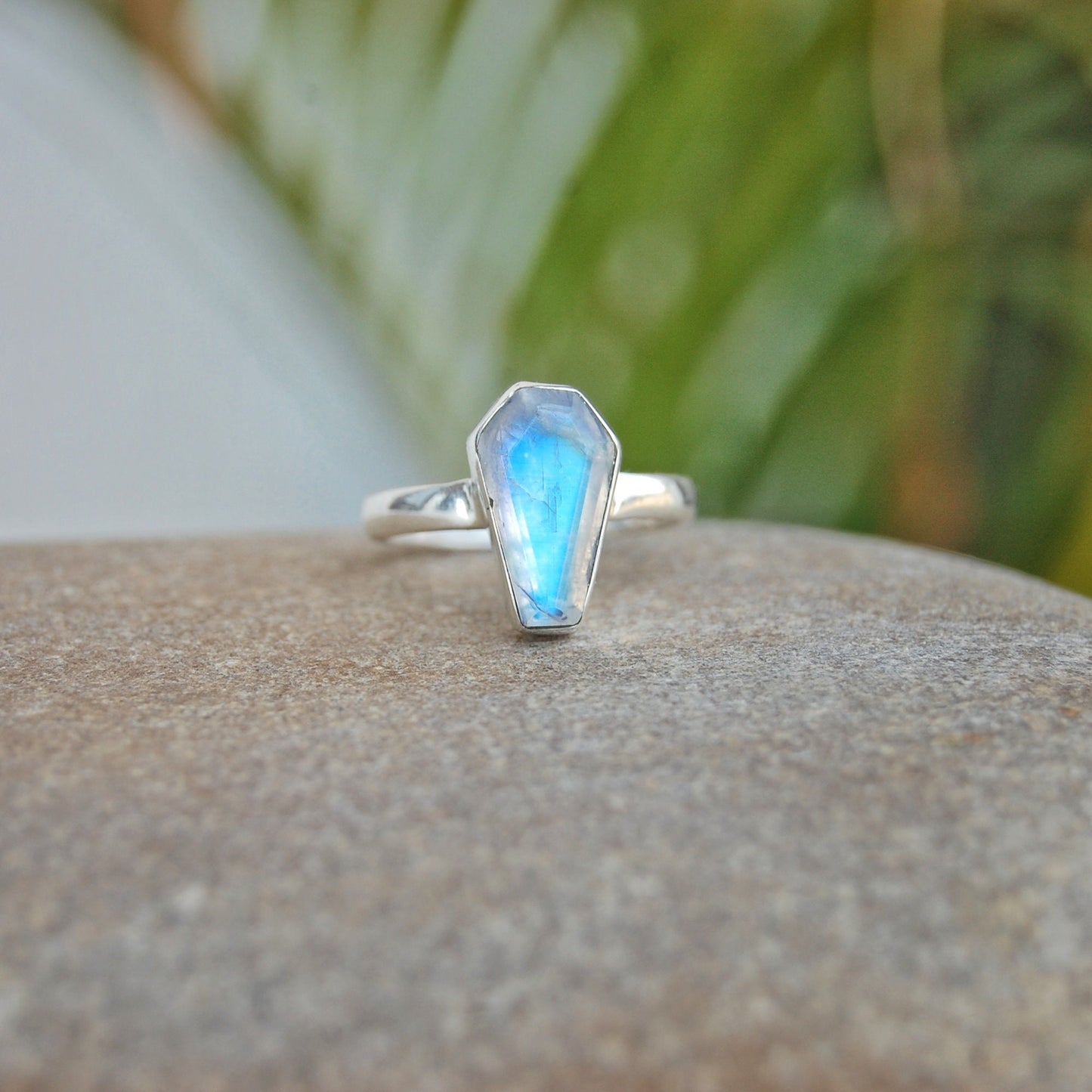 Rainbow Moonstone Coffin Shape Ring