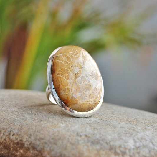 Big Coral Fossil Statement Ring
