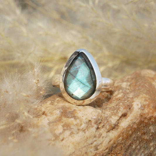 Gray Labradorite Pear Cut Ring