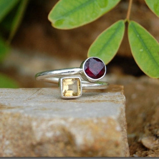 Garnet -Yellow Citrine Coil Ring