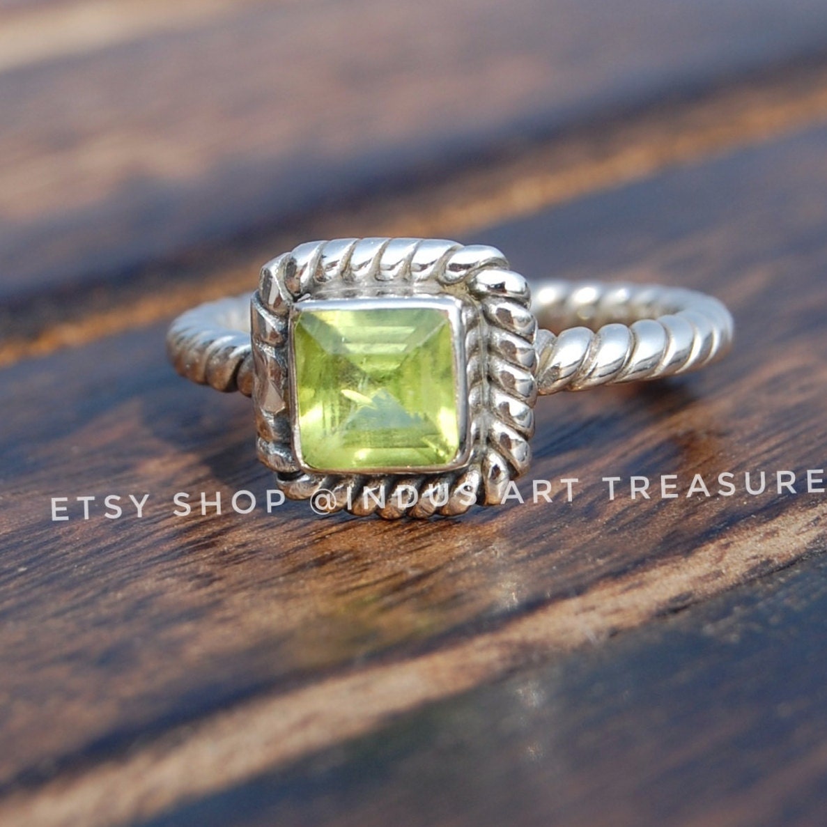 Green Peridot Twisted Band Ring