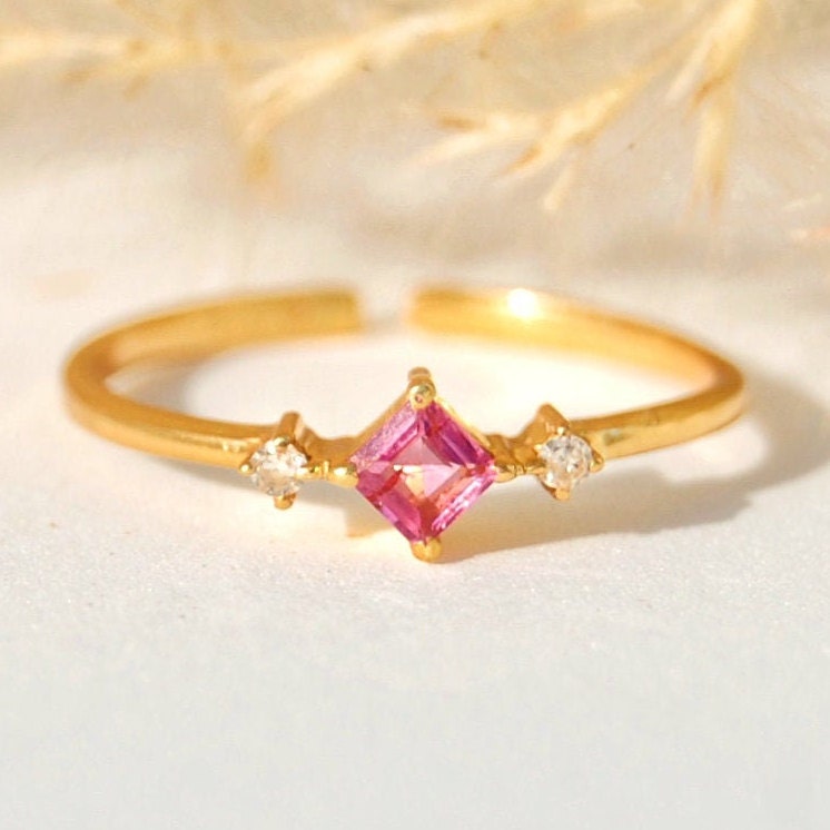 Diamond- Pink Tourmaline Gold Plated Ring