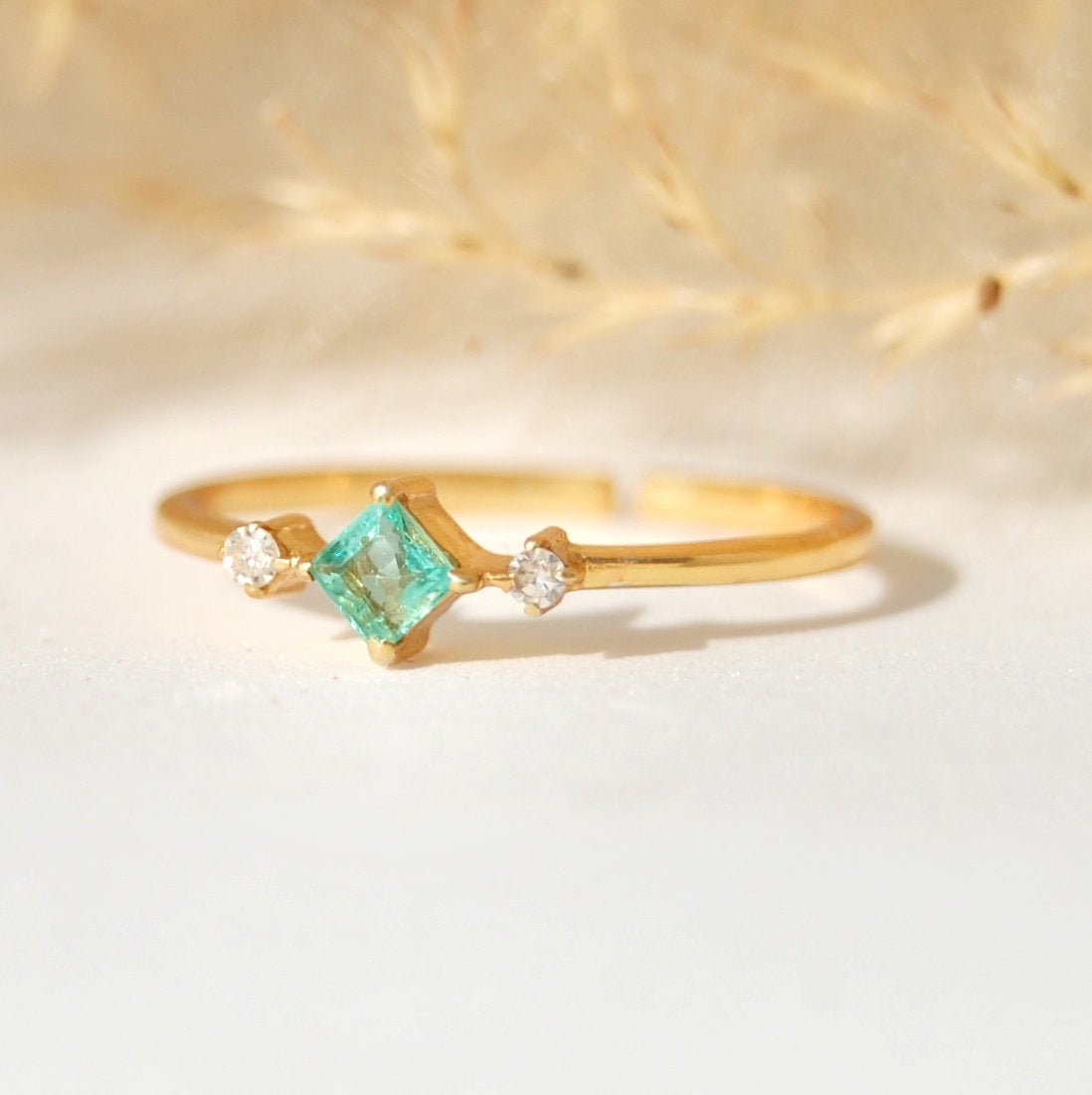 Diamond- Emerald Dainty Gold Plated Ring