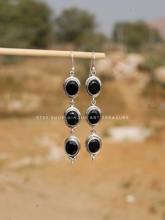 Black Onyx Long Dangle Earrings