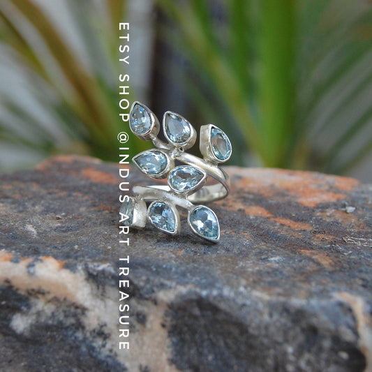 Blue Topaz Leaf Branch Ring