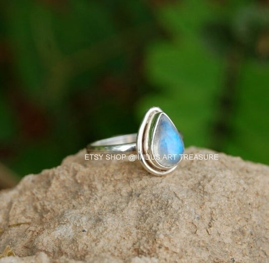 Rainbow Moonstone Pear Ring