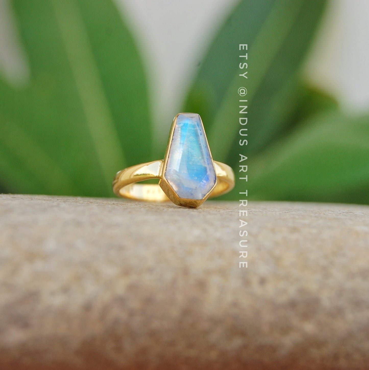 Rainbow Moonstone Coffin Shape Ring