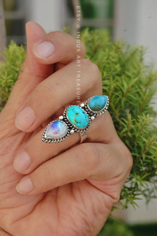 Rainbow Moonstone- Larimar Statement Ring