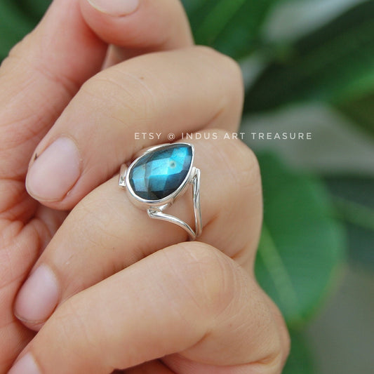 Blue Labradorite Pear Cut Ring