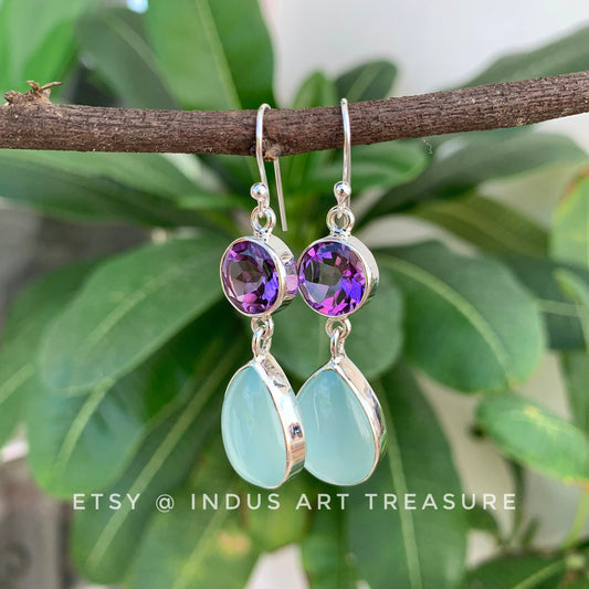 Amethyst -Aqua Chalcedony Dangle Earrings