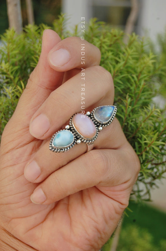 Rainbow Moonstone- Larimar Three Stone Ring