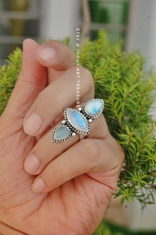 Rainbow Moonstone- Larimar Three Stone Ring