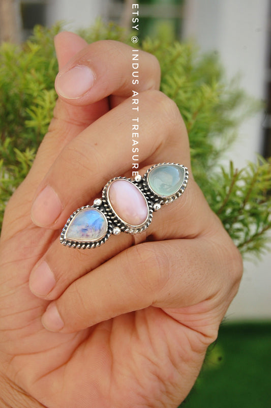 Rainbow Moonstone- Larimar Three Stone Ring