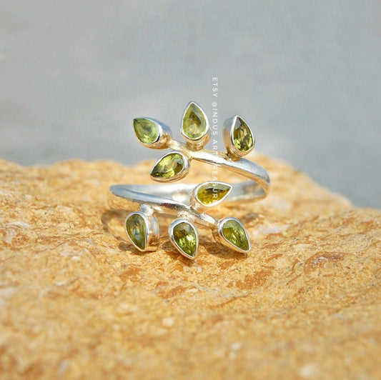 Olive Green Peridot Leaf Branch Ring