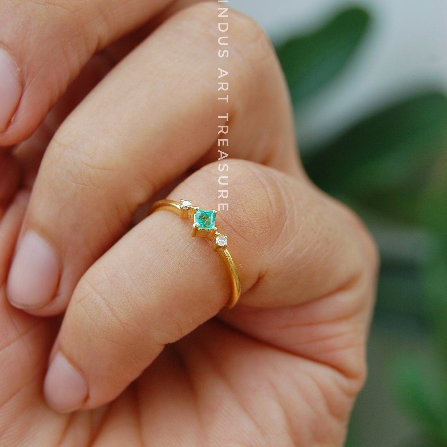 Diamond- Emerald Dainty Gold Plated Ring