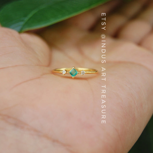 Diamond- Emerald Dainty Gold Plated Ring