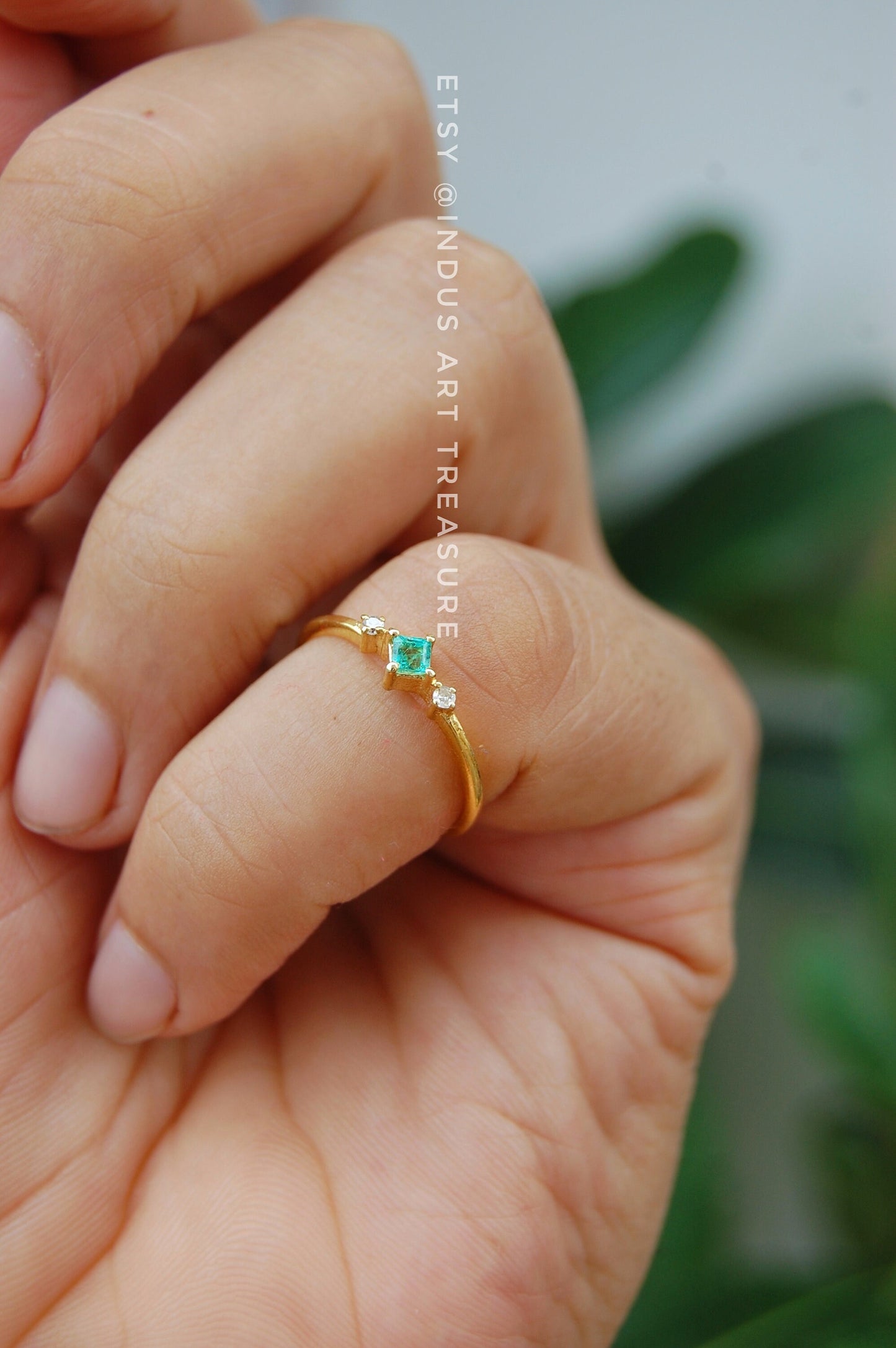 Diamond- Emerald Dainty Gold Plated Ring