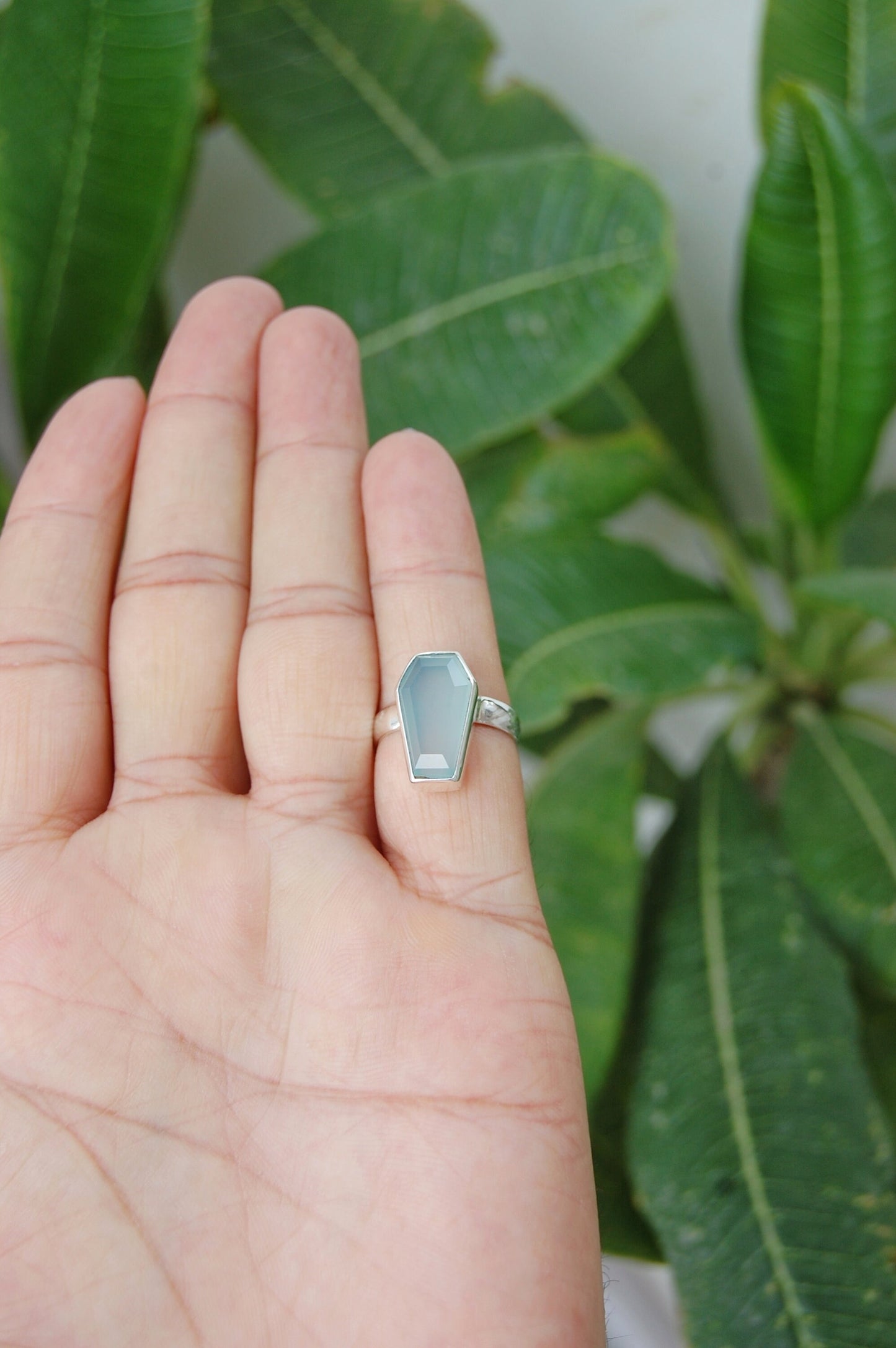 Aqua Chalcedony Coffin Shape Ring