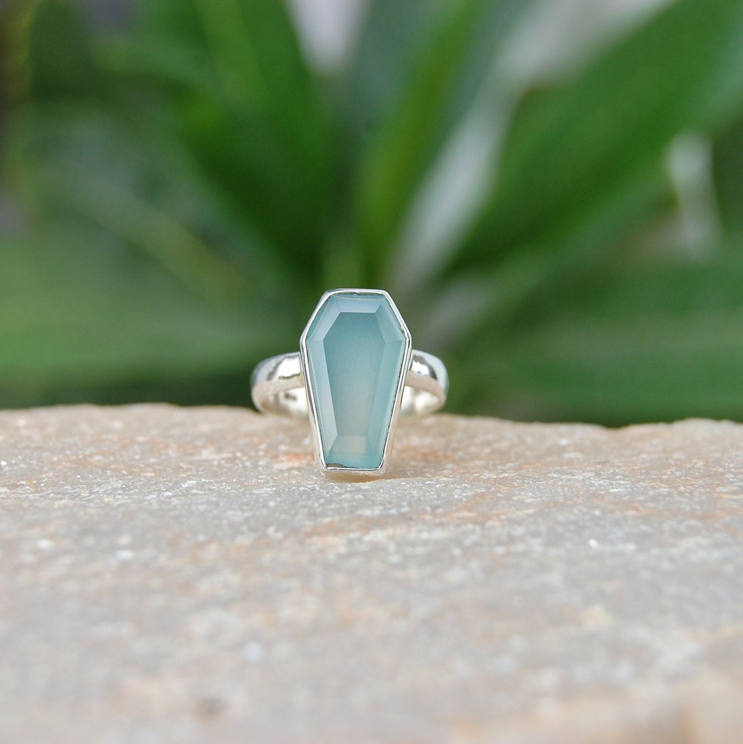 Aqua Chalcedony Coffin Shape Ring