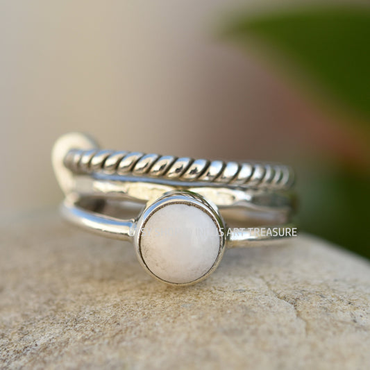 White Agate Combo Stacking Ring Set