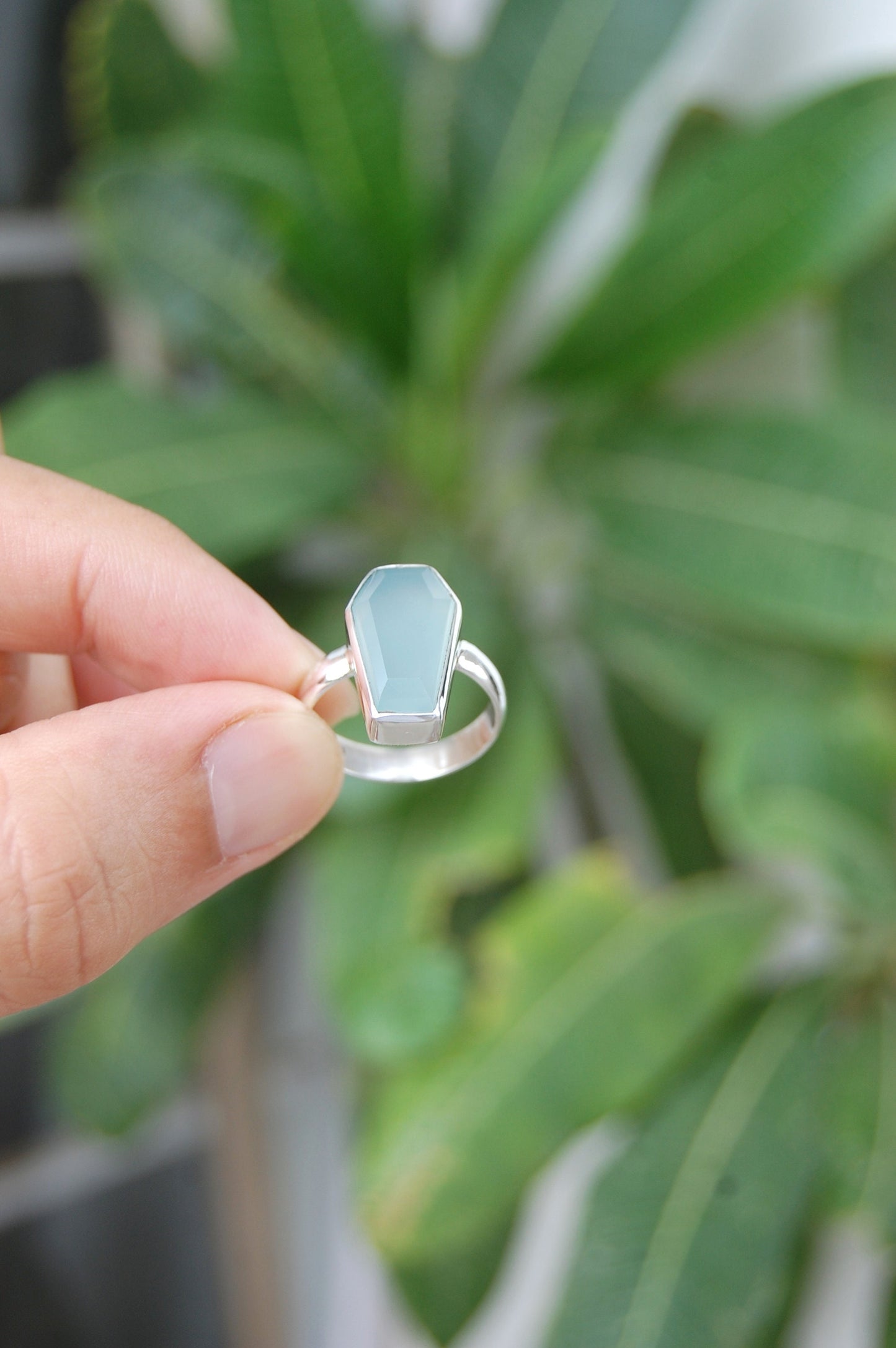 Aqua Chalcedony Coffin Shape Ring