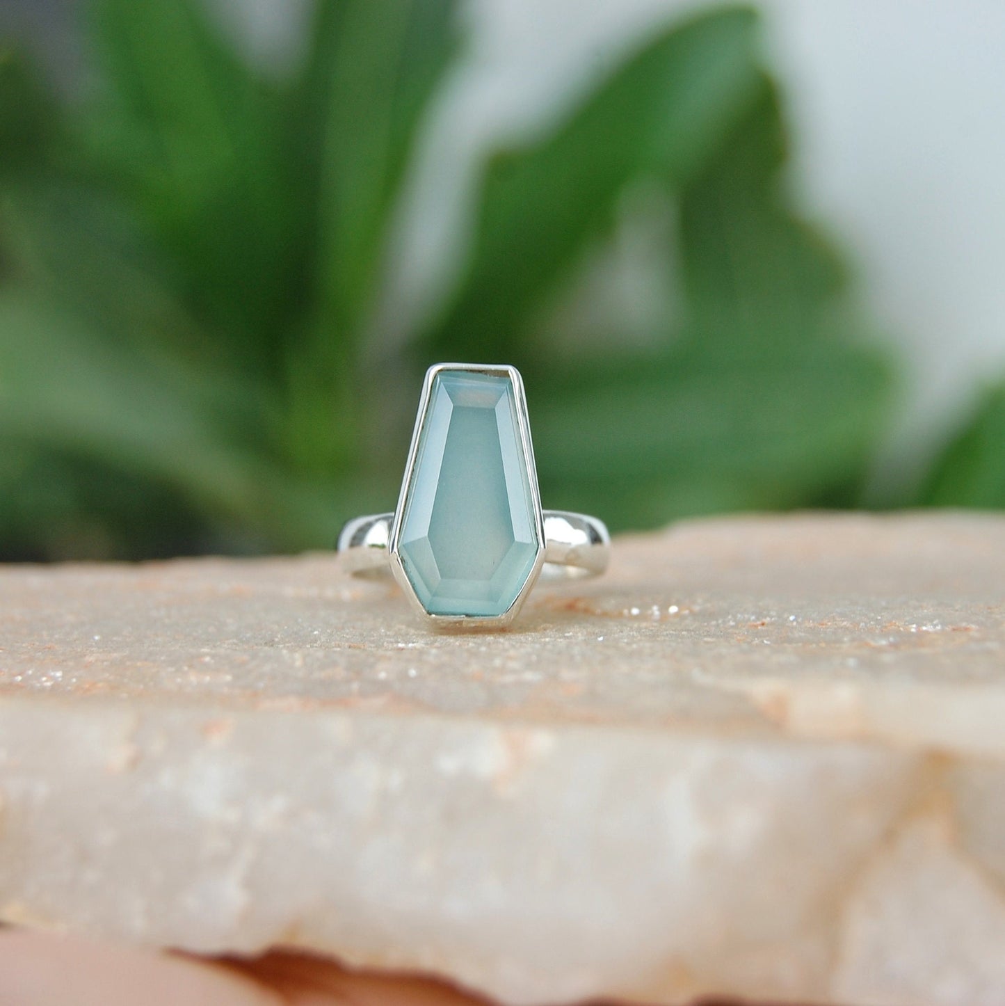 Aqua Chalcedony Coffin Shape Ring